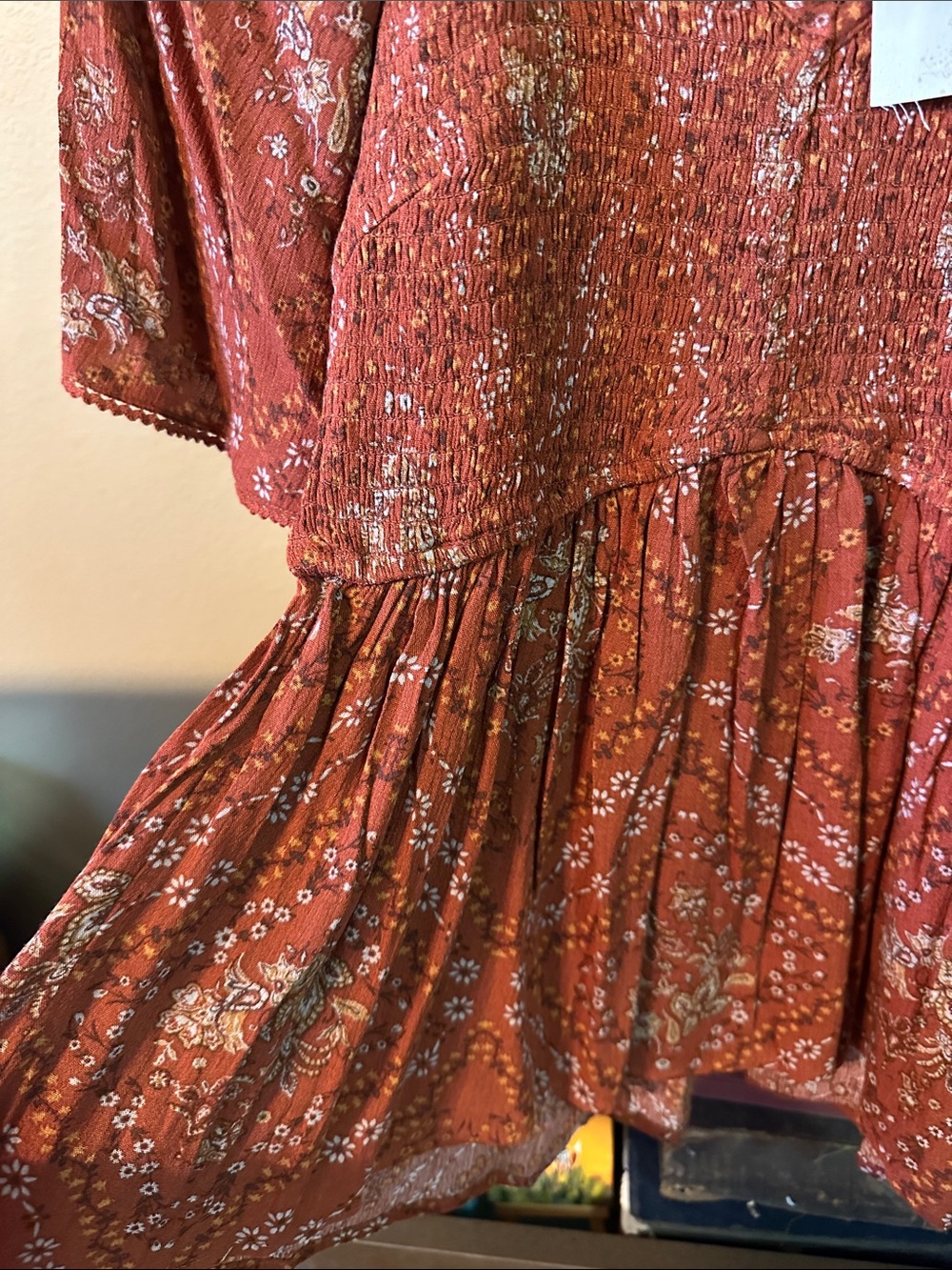Hem & Thread Rust Paisley Smocked V-Neck Blouse - Picture 5 of 10